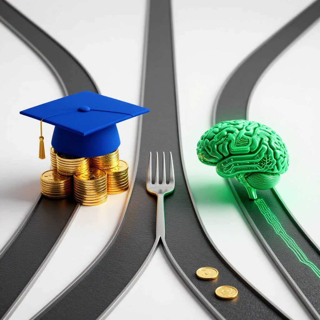 Forked path with royal blue graduation cap on coins one way and glowing green digital brain the other.