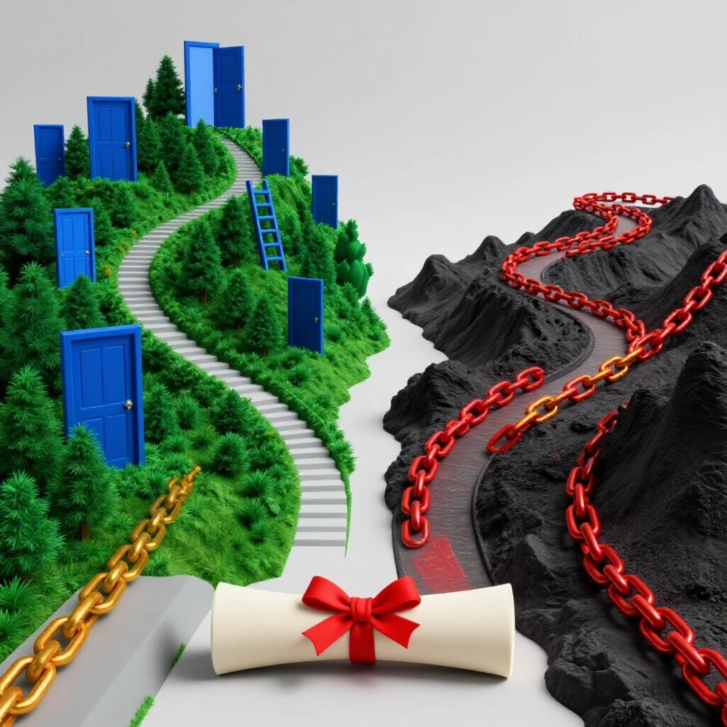 Diploma with split paths: one leading to opportunities, the other descending into a valley of debt and chains.