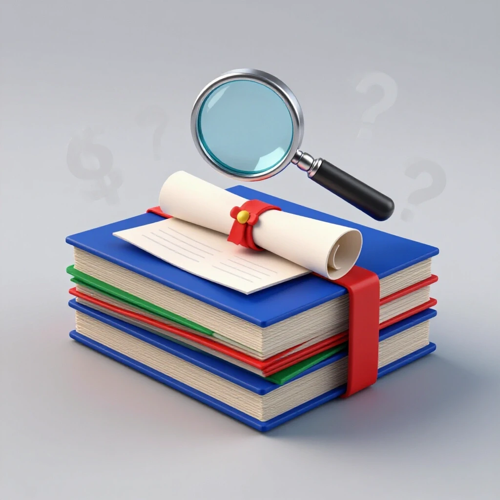 Stack of vibrant diplomas with a magnifying glass over them revealing hidden dollar signs and question marks underneath.