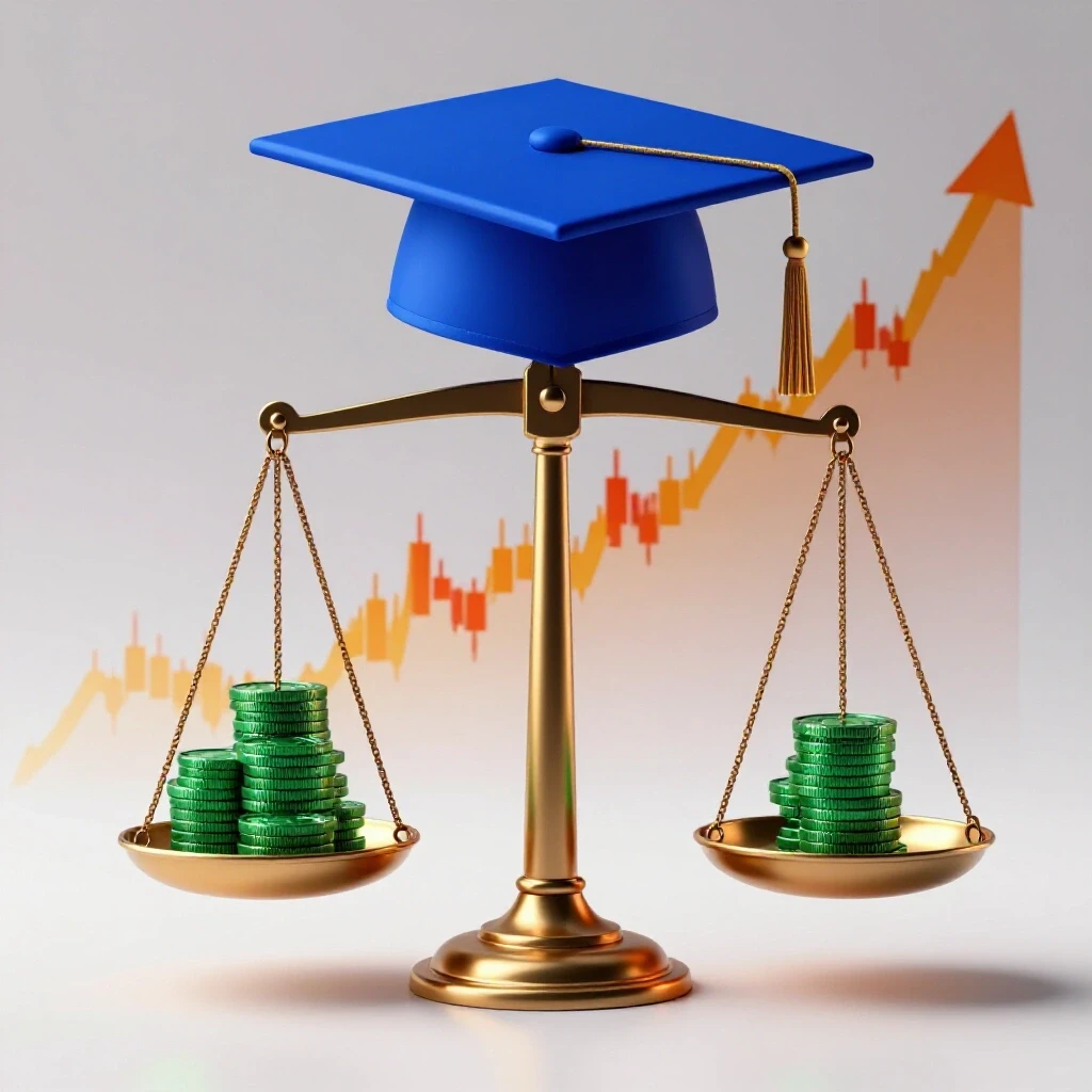 A balancing scale with a graduation cap on one side and stacked coins on the other, set before upward financial graphs