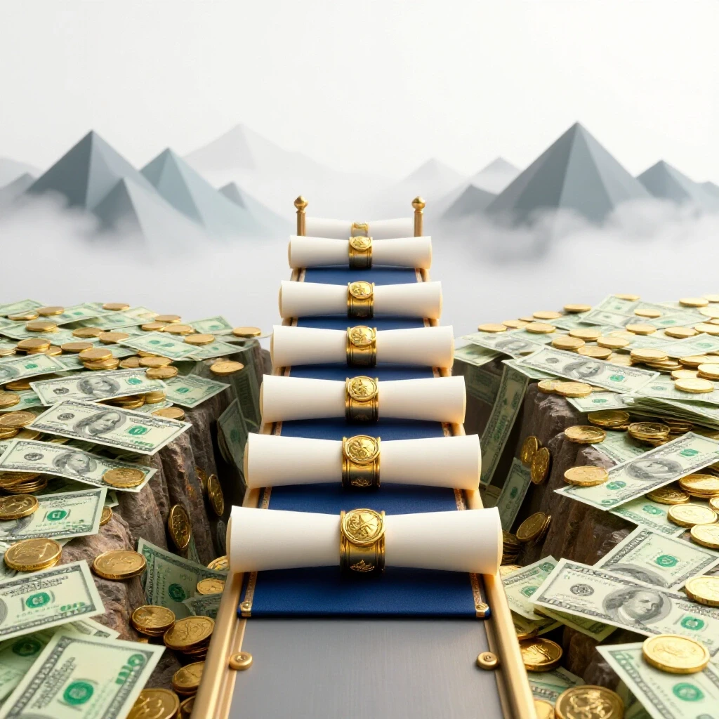 Diplomas form a narrow bridge over a chasm filled with dollar bills and coins, with a hazy future landscape ahead.