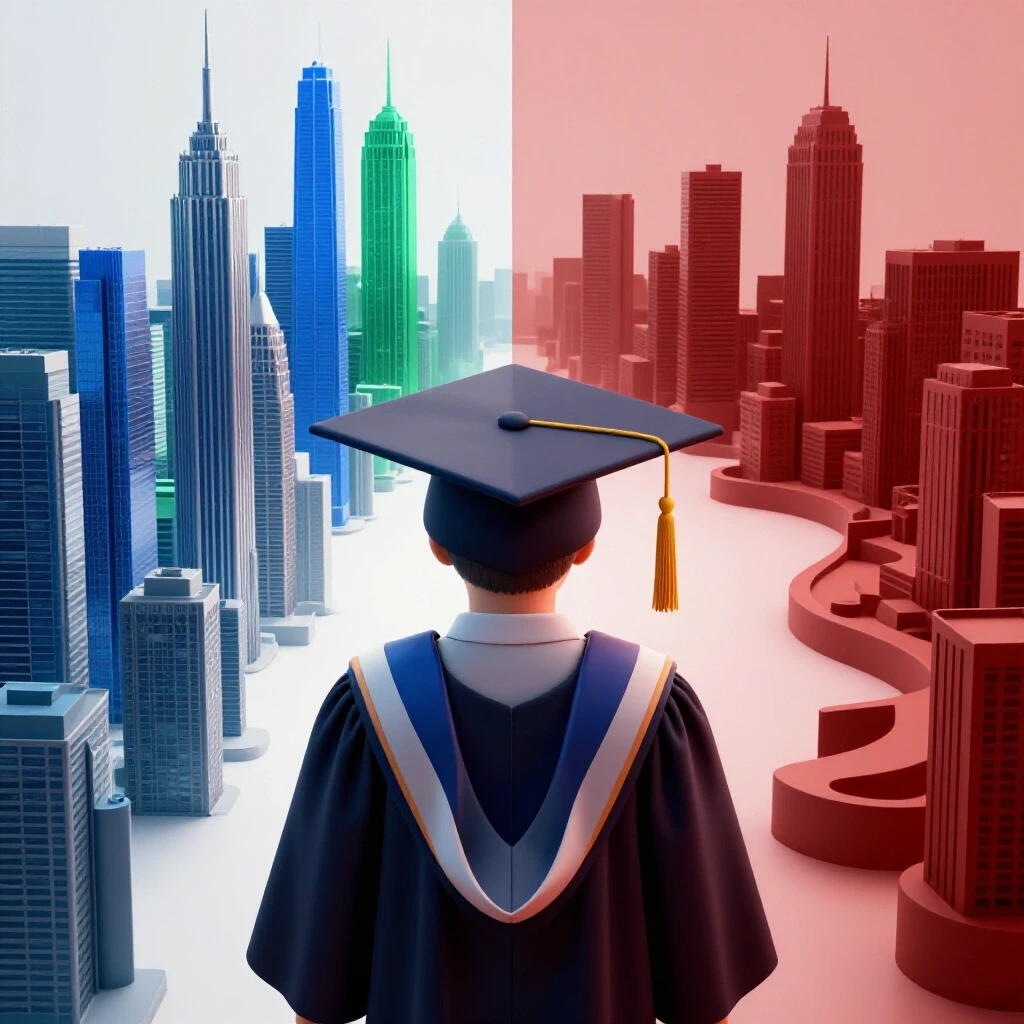 Split scene shows a graduation cap facing an idealized skyline on one side and a realistic cityscape with obstacles on the other, using vivid colors and strong contrast.
