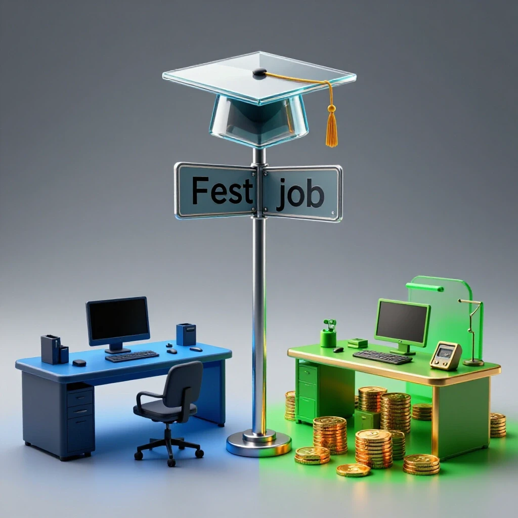Split-scene crossroads with a graduation cap dividing two career paths—modest office to the left and vibrant, high-reward workplace to the right, using bright contrasts and rich colors.