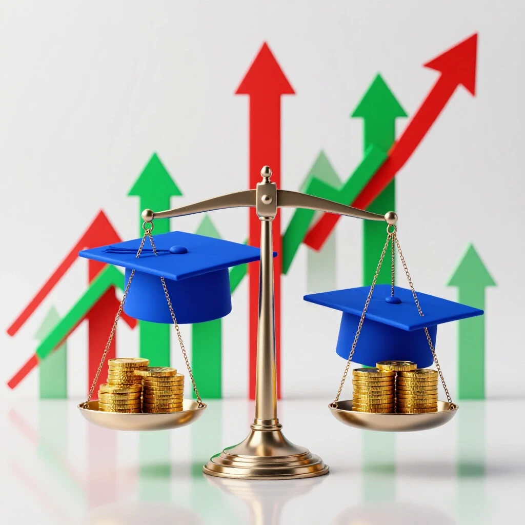 A shiny metallic scale balances a blue graduation cap against gold coin stacks, with rising graph arrows in the background, all on a bright white studio backdrop.