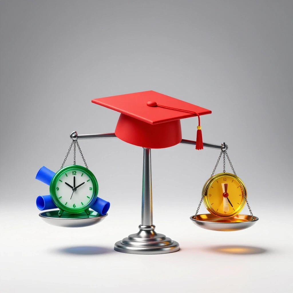 A dynamic balance scale with a diploma, cap, and certificate on one side and a clock on the other, set against a bright white background.