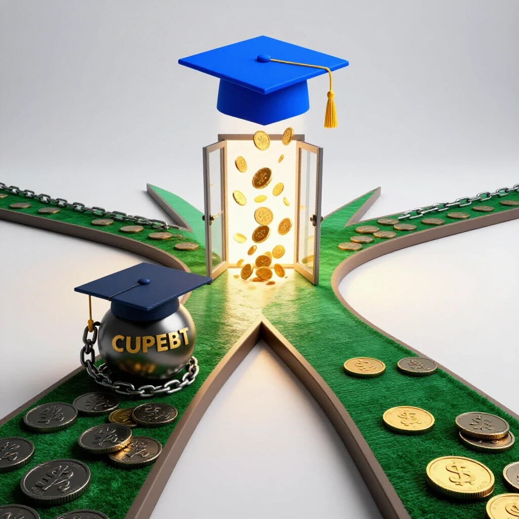 Split path scene showing one side weighed down by debt and the other leading to opportunity, with coins and a graduation cap