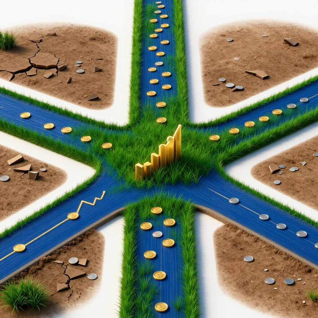 A crossroads with diverging paths—one lush with coins and graphs, the other barren—on a bright background.