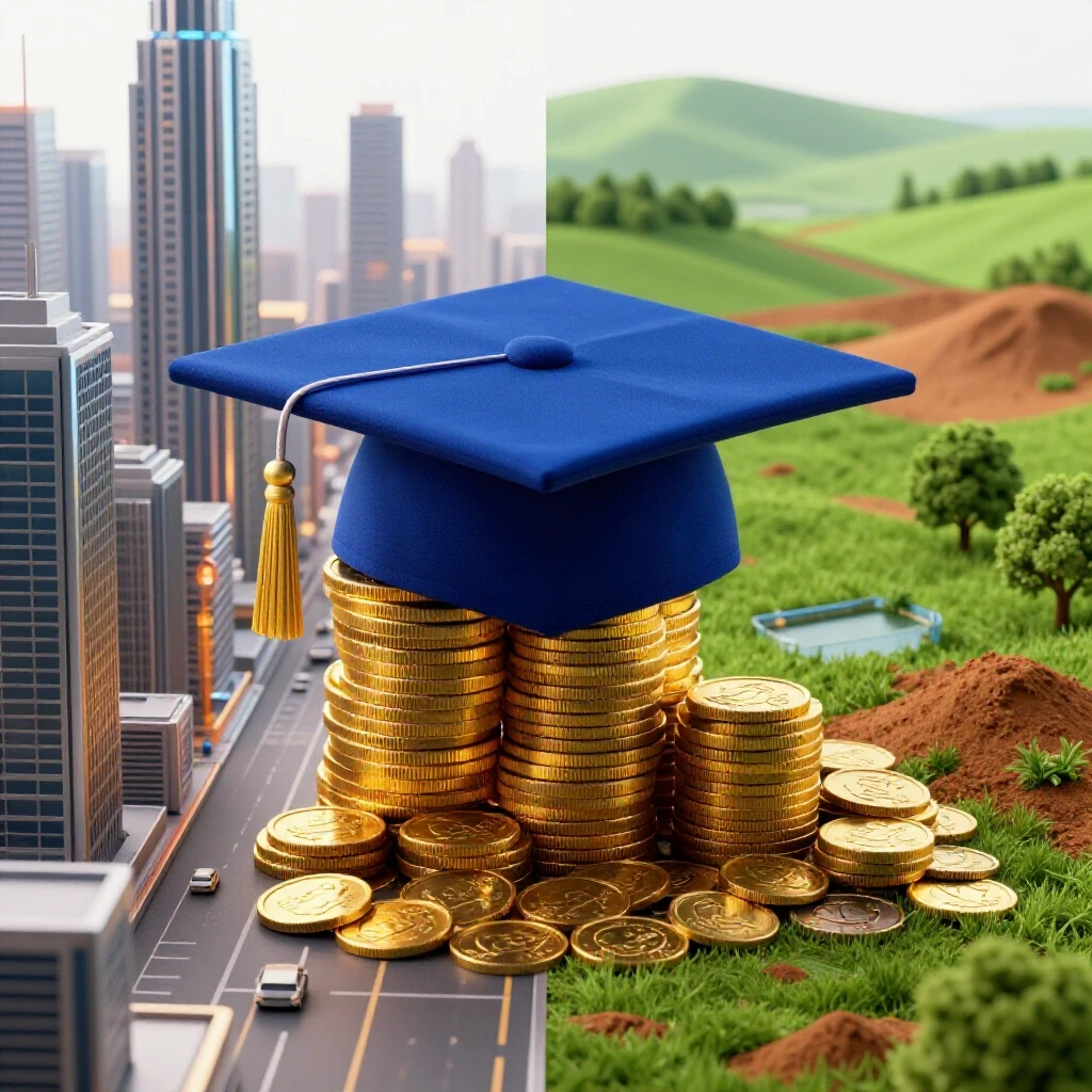 Graduation cap atop stacks of coins, cityscape on one side and rural field on the other, highlighting ROI contrast.