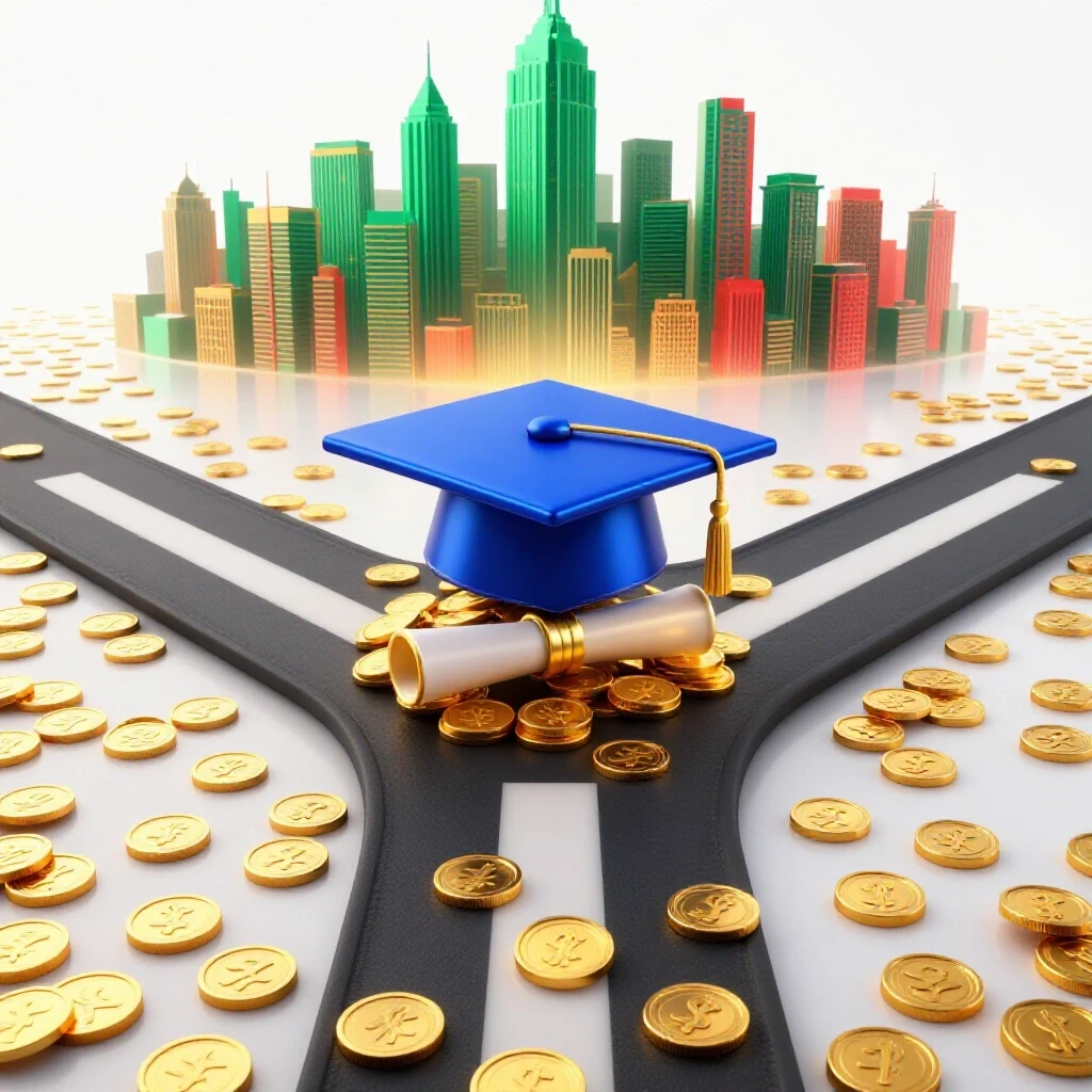 Graduation cap and diploma at a golden coin crossroads leading toward a vibrant city skyline, with fading shadowy paths in the background.