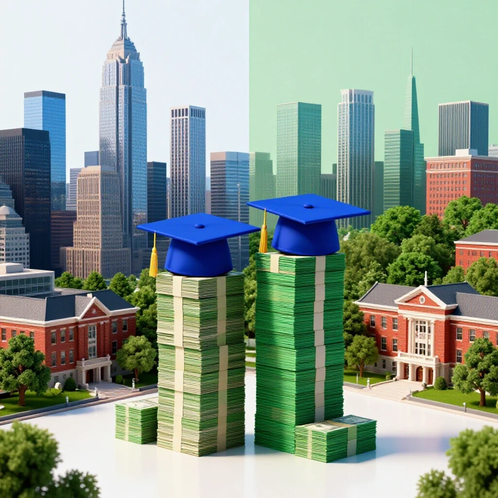 Contrasting city skyline and a campus split background with two graduated caps on different-sized stacks of colored money