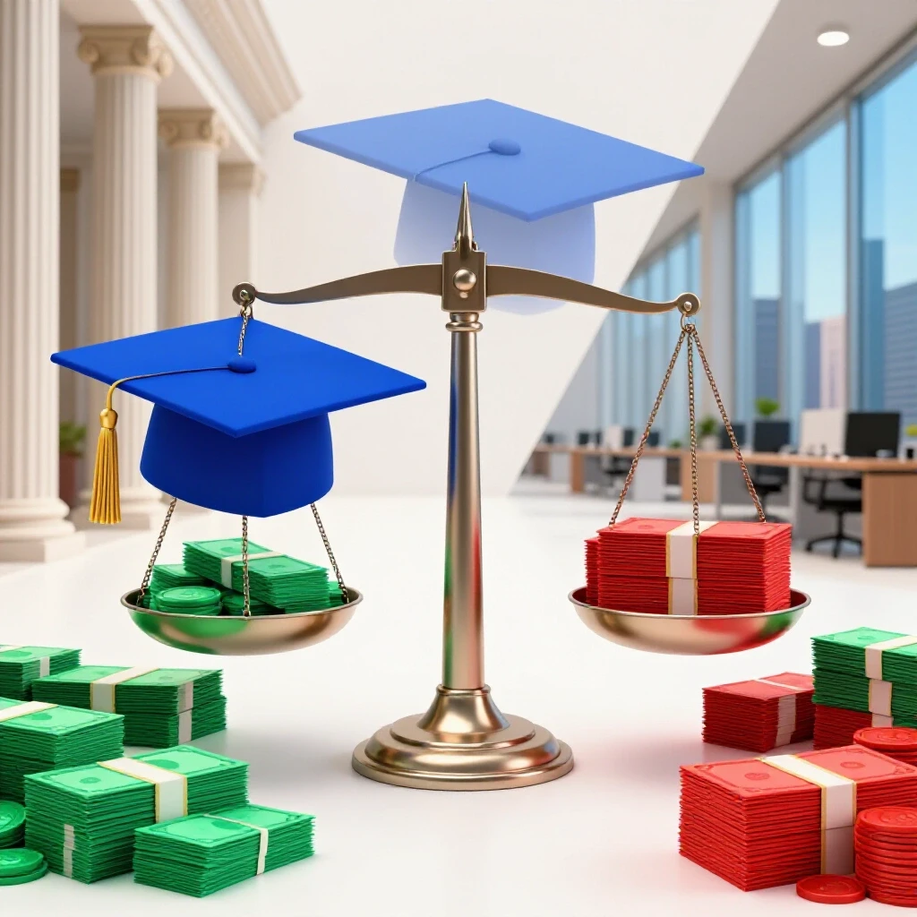 Balanced scale with a graduation cap and stacks of money, set between academic and professional backgrounds.