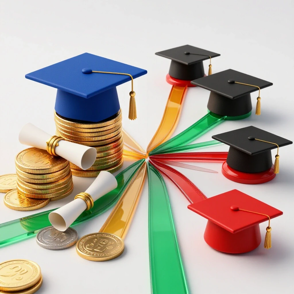 Split scene of graduates' caps and diplomas on coins contrasted with caps evaluating branching pathways, bold colors on bright background.
