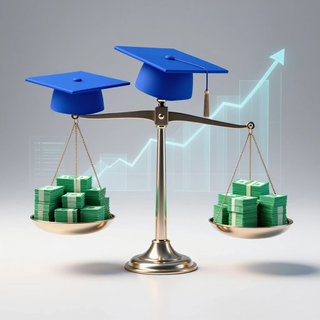 A balancing scale with a royal blue graduation cap on one side and green stacks of money on the other, set in front of subtle data charts and graphs on a bright background.
