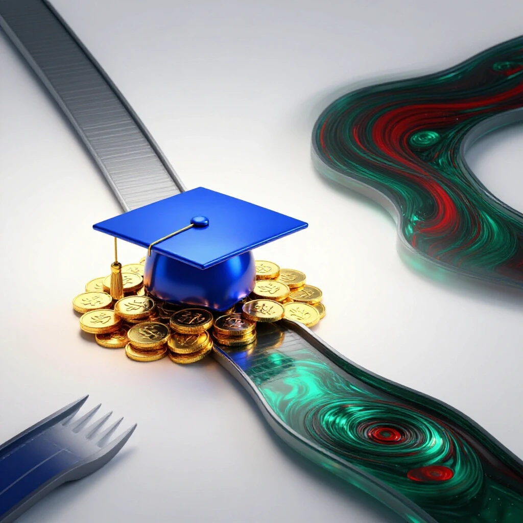 A forked path with a glowing graduation cap on coins on one side, and a murky, uncertain abyss on the other, set against a luminous background.