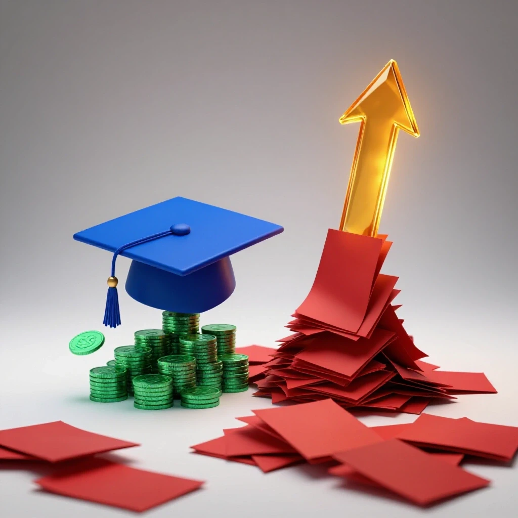 Vivid split-scene showing a graduation cap transforming into coins and papers morphing into an upward arrow, highlighting college ROI.