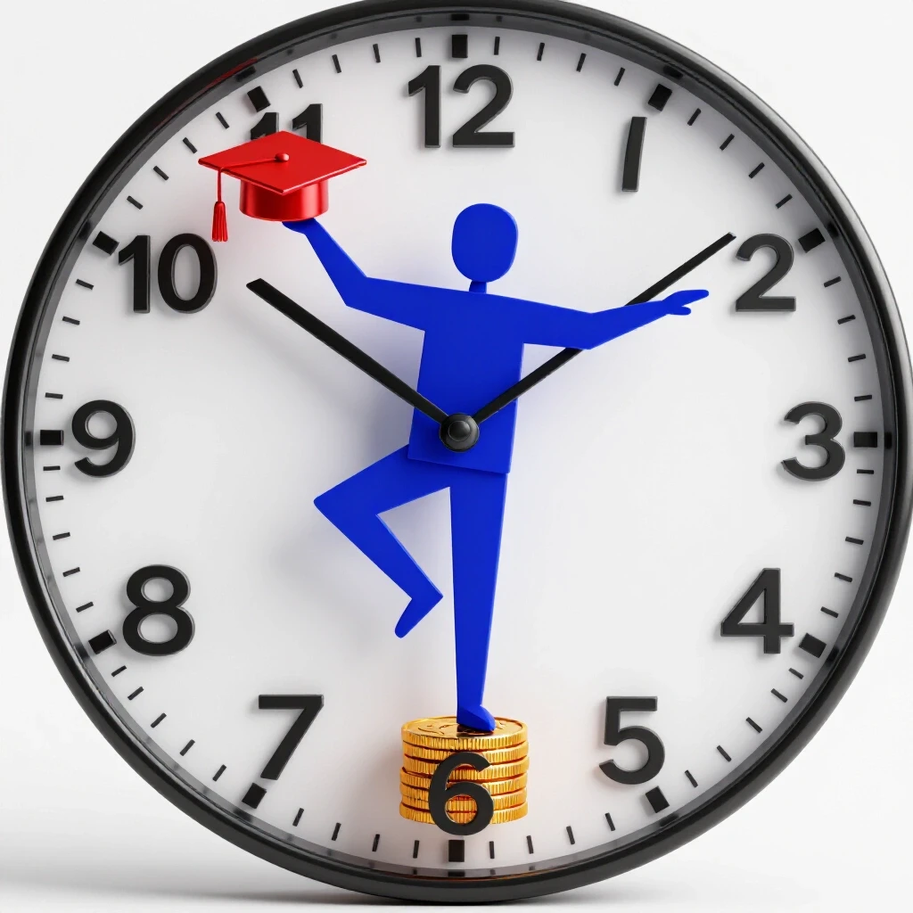Student silhouette balancing on a clock, holding a graduation cap and gold coins, symbolizing college ROI.