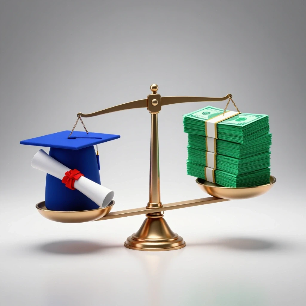 Balancing scale with graduation cap and diploma weighed against increasing stack of cash and tuition bills.