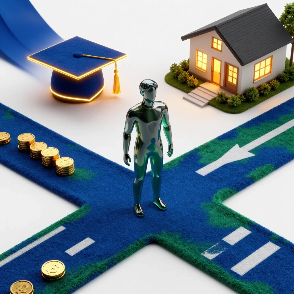 Abstract 3D crossroads showing a glowing graduation cap surrounded by coins on one path, and a warmly lit modern house on the other, set against a bright white background.