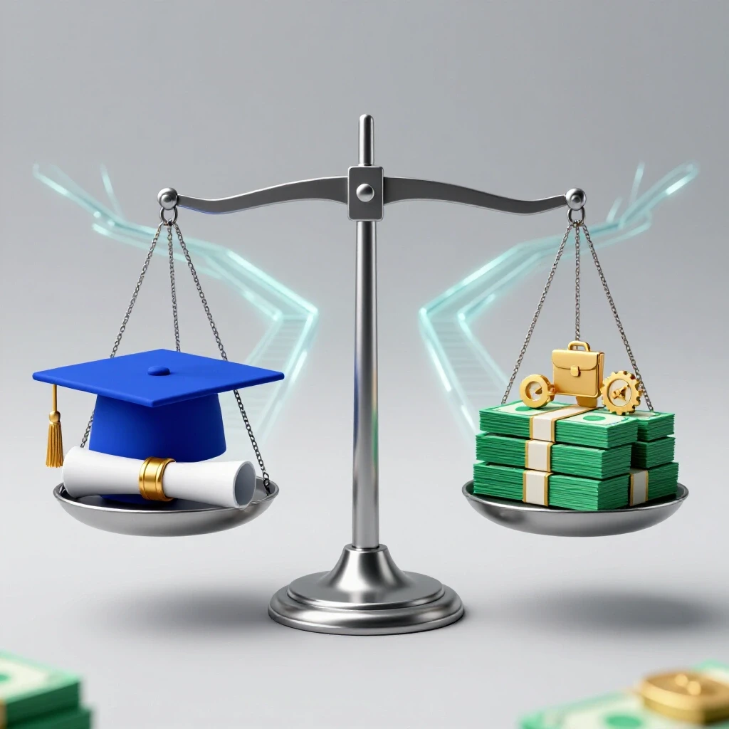 Balanced scale with graduation cap and diploma on one side, money and career icons on the other, set against diverging abstract pathways