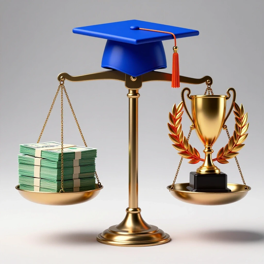 Balanced scale with a graduation cap and cash on one side, trophy and laurel wreath on the other, set against a bright background