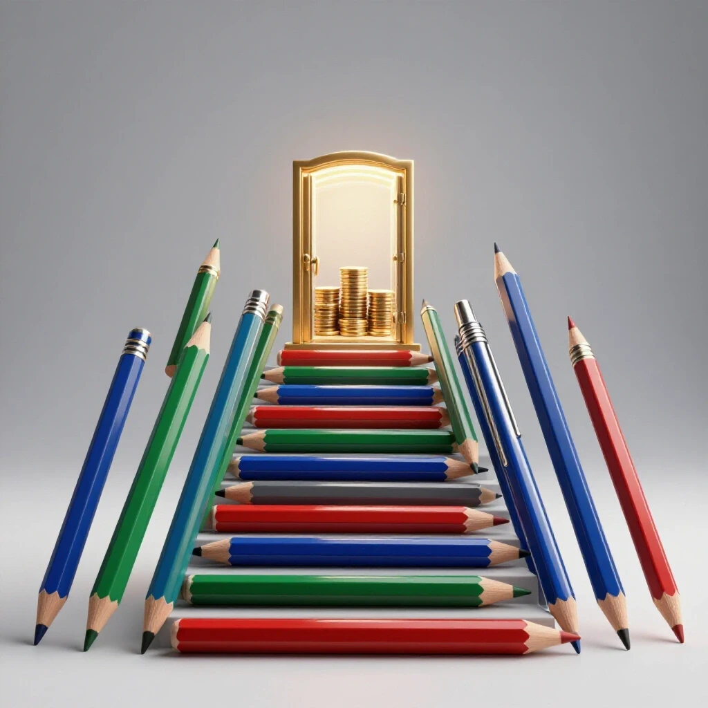Oversized pencils and pens form a staircase leading to a glowing vault filled with coins, symbolizing writing elevating salary.