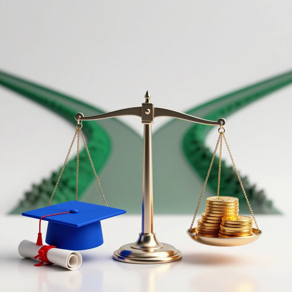 Balancing scale with a graduation cap, diploma, and gold coins set at a crossroads on a bright backdrop.
