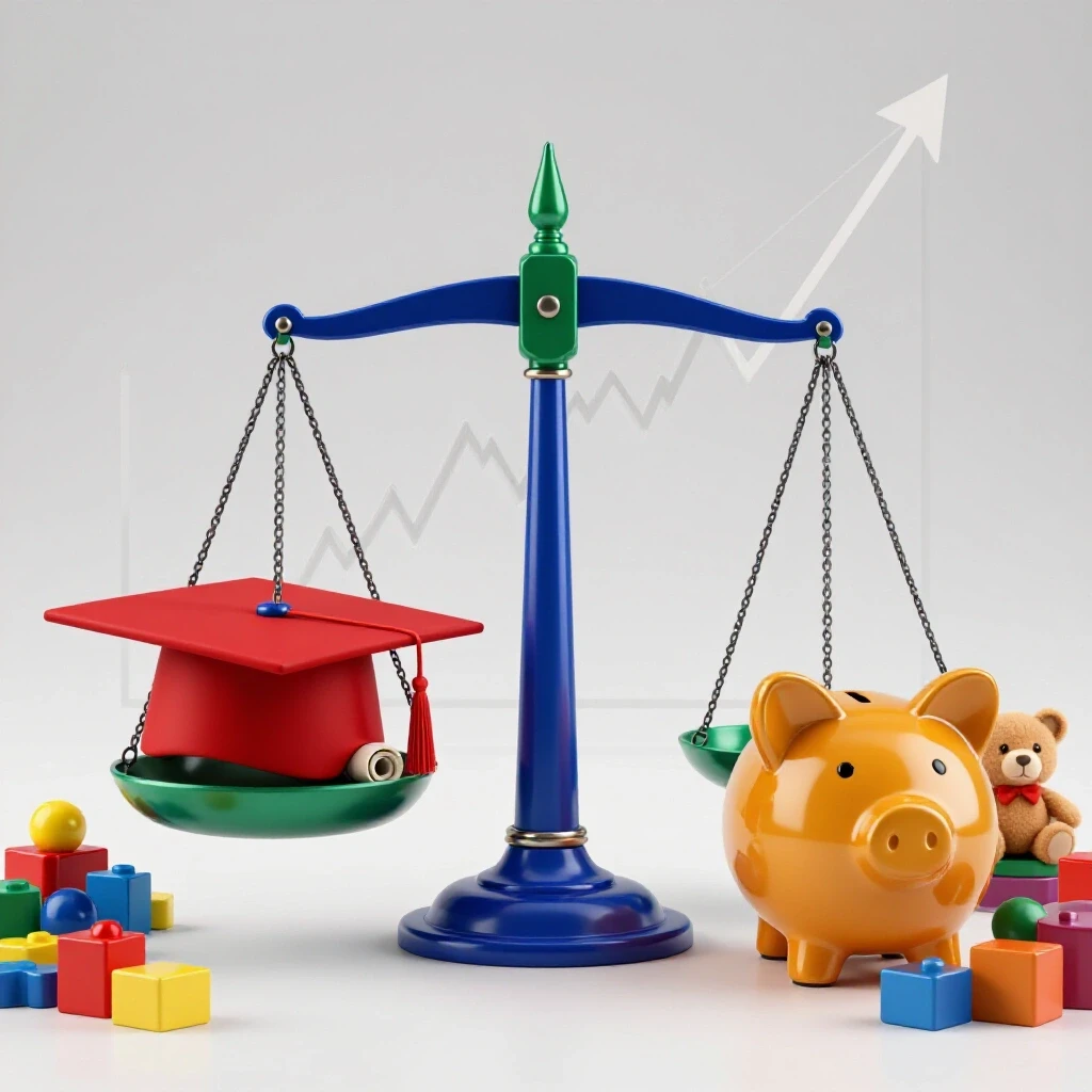 A balanced scale with a graduation cap and diploma on one side, and a piggy bank with children's toys on the other, set before rising financial graphs.