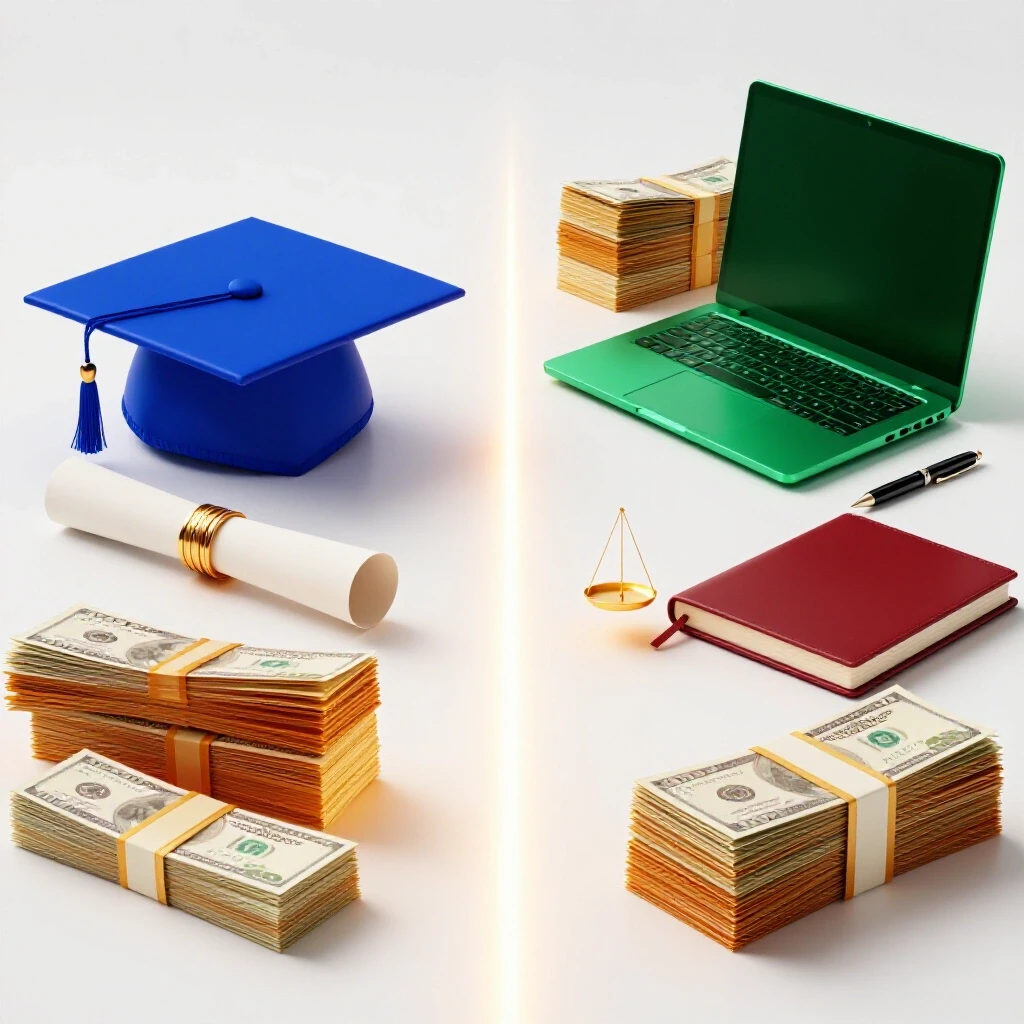 Split scene with a royal blue graduation cap and diploma on one side, vibrant laptop and cash on the other, divided by a glowing scale.