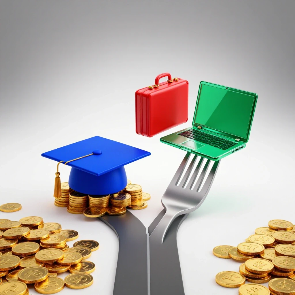 A forked path with a graduation cap weighed down by golden coins on one side and a laptop with a briefcase rising upward on the other, against a bright white background.