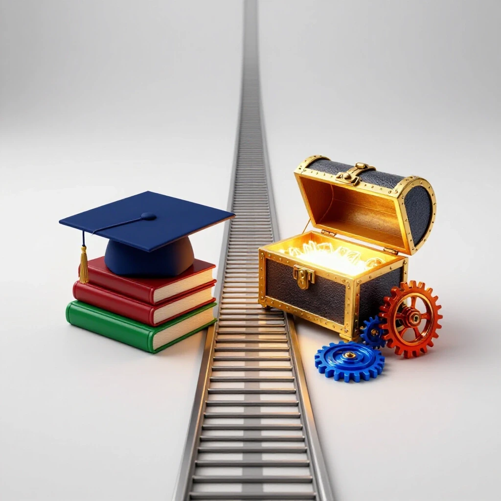 Forked path reveals a graduation cap on books to one side and a glowing treasure chest with tools and gears on the other, set against a bright white background.