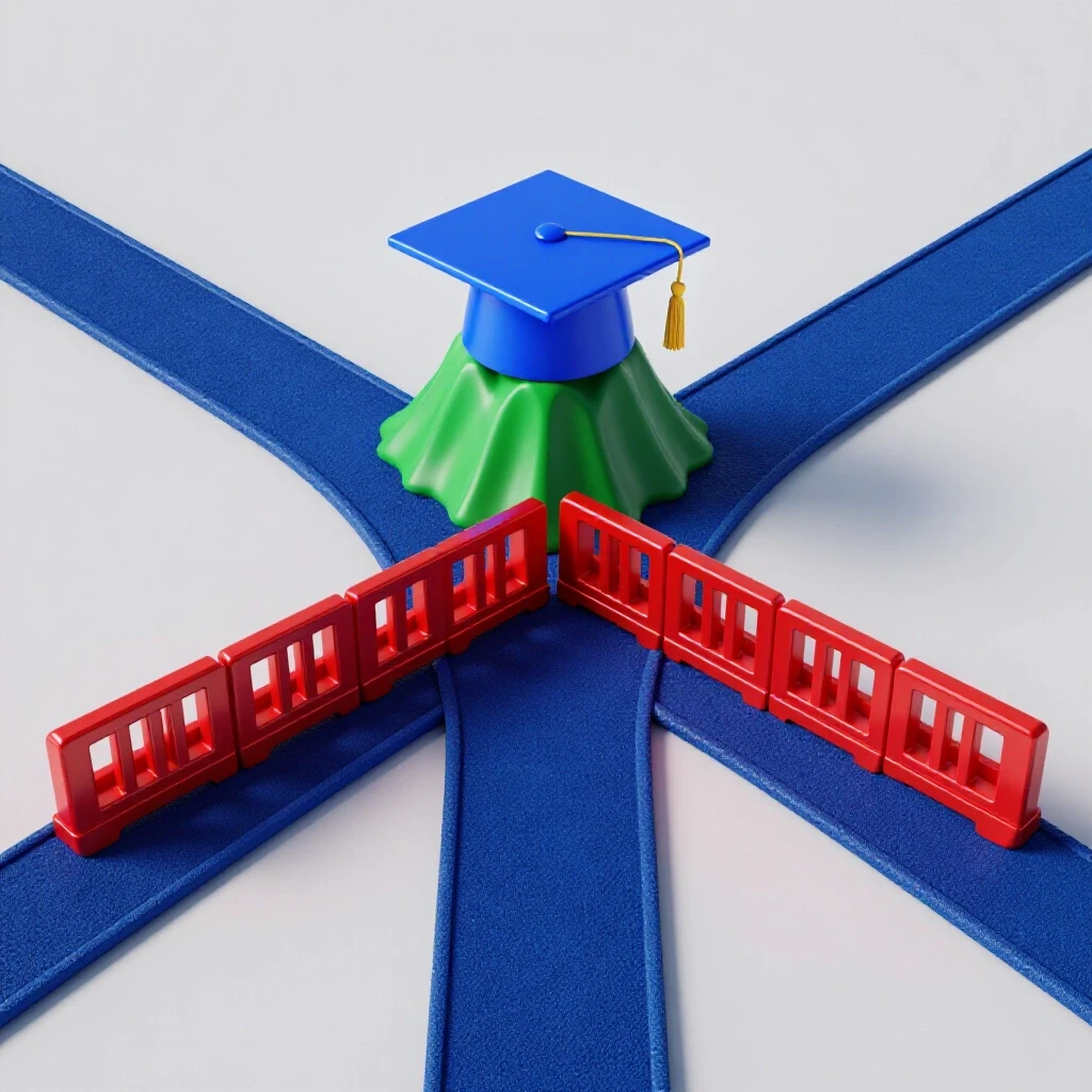 A crossroads with a glowing graduation cap atop a green mountain of opportunity and a red financial barrier, set on a bright background.