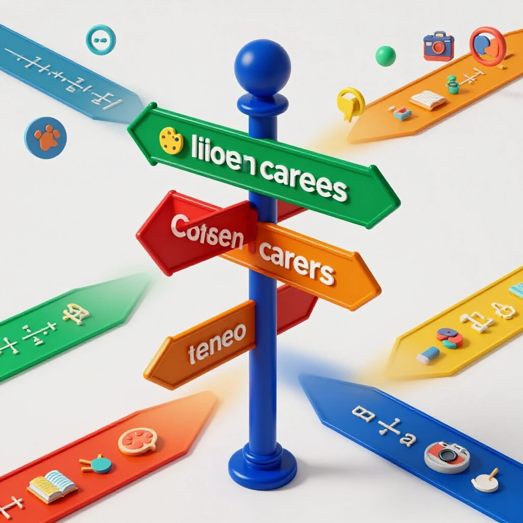 A central signpost at a crossroads with arrows pointing to creative career icons and away from math symbols, on a bright white background.