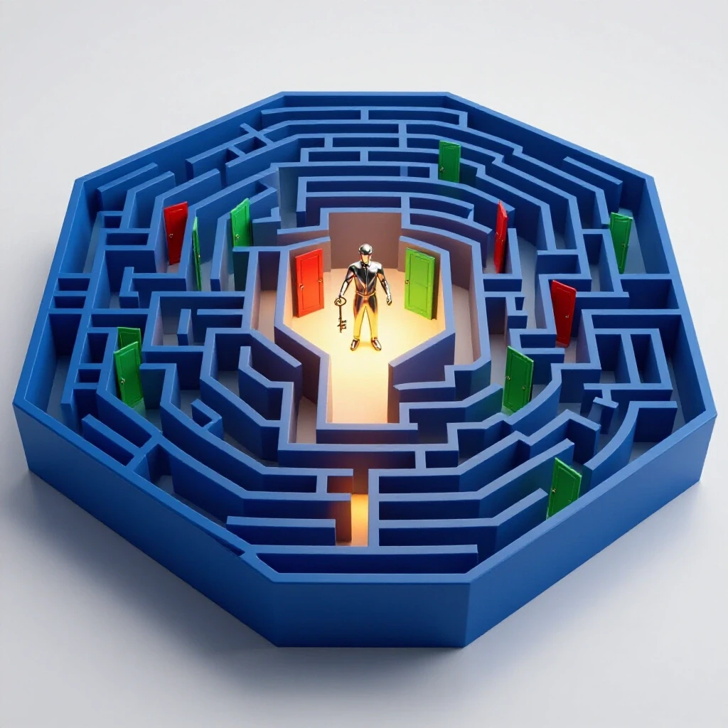 A colorful blue maze with vibrant open doors and a glowing path leading to a key-holding advisor figure in the center.
