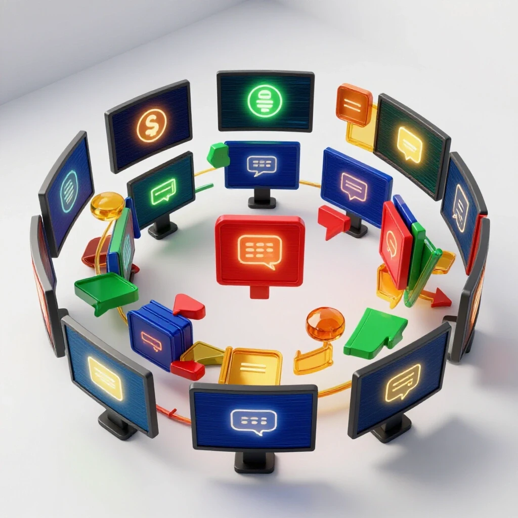 Circular pattern of vibrant digital screens with academic icons and bold geometric shapes symbolizing collaborative virtual discussions