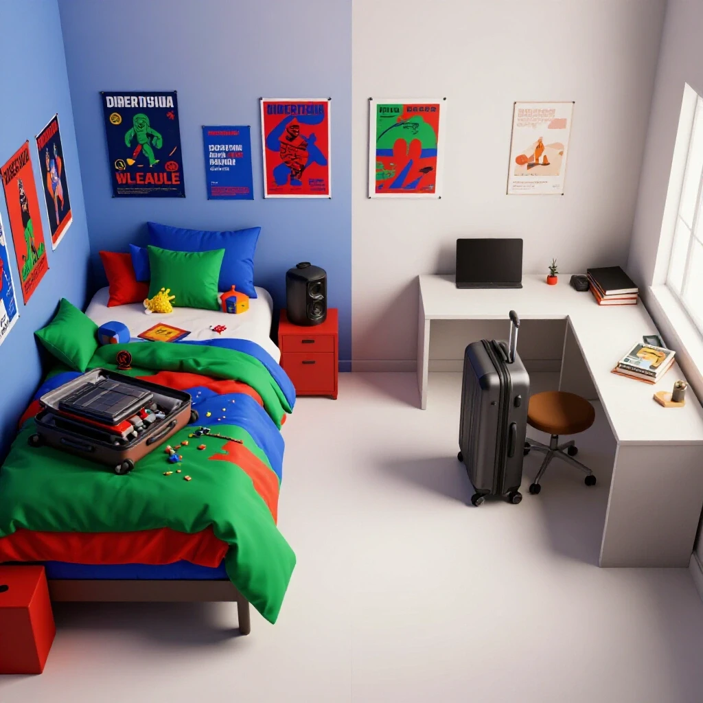 Split dorm room scene showing a vibrant social side and a calm, personal side with rich colors and bright background.