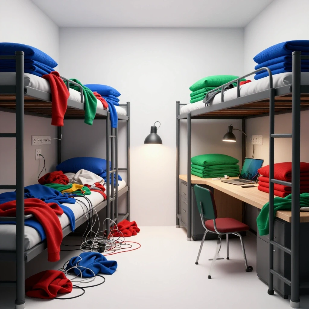 Split dorm room showing cluttered chaos on one side and organized calm on the other with contrasting colors.