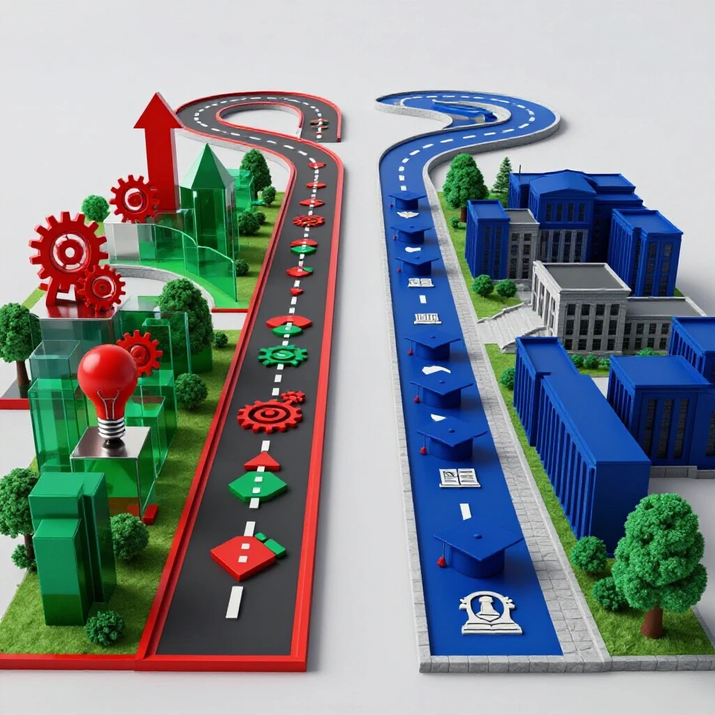 Two contrasting paths: one unconventional and vibrant with innovation symbols, the other academic and structured with campus icons, on a bright background.