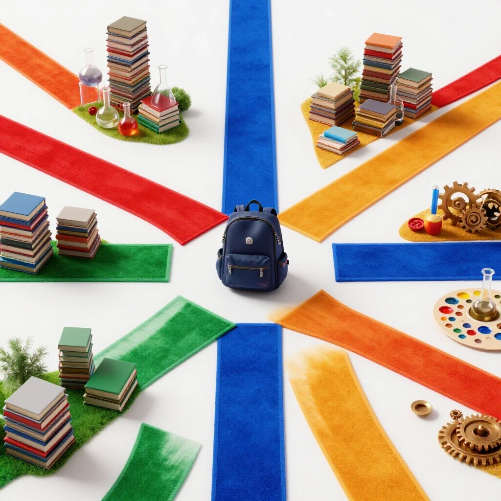 Vibrant colored pathways branch from a central crossroads, each leading to unique academic symbols on a bright background.