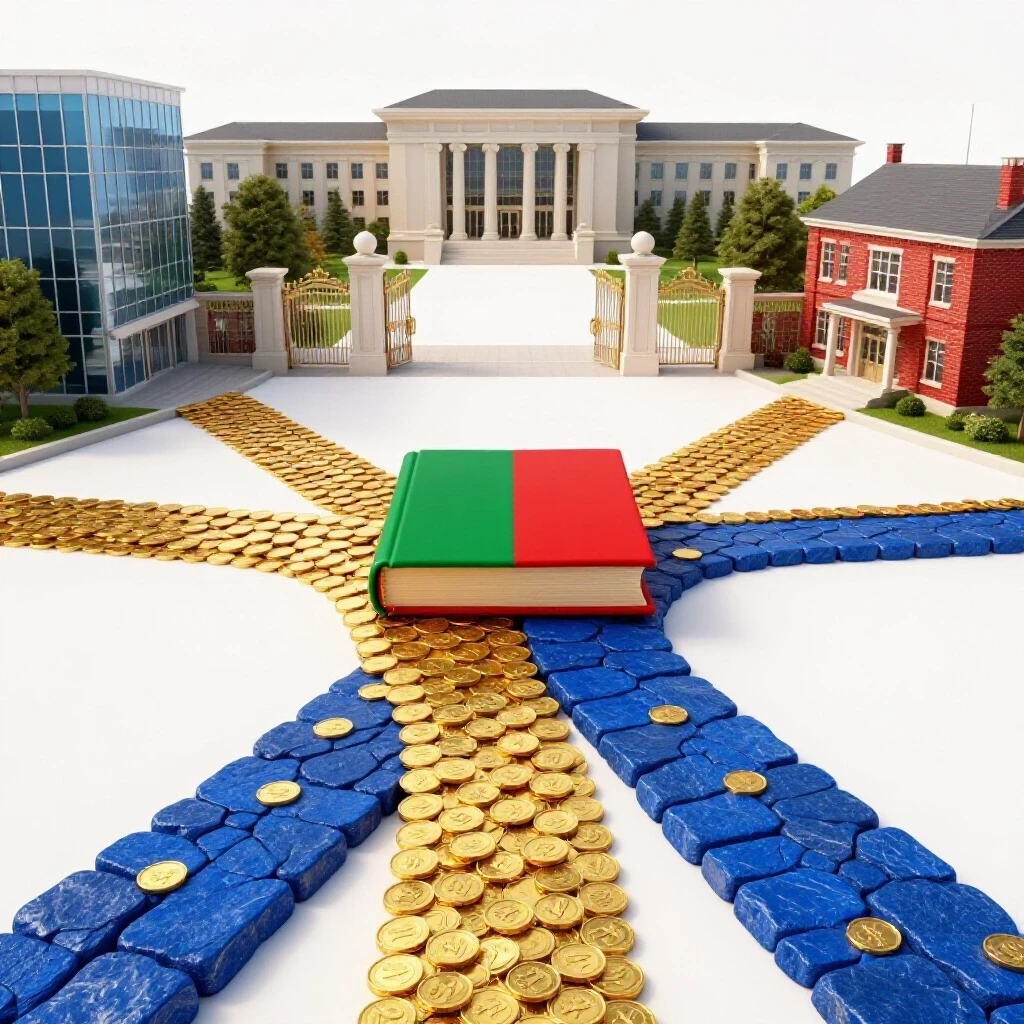 A crossroads with one gold coin path leading to a grand campus and another rugged path to a modest college, symbolizing financial decisions in higher education.