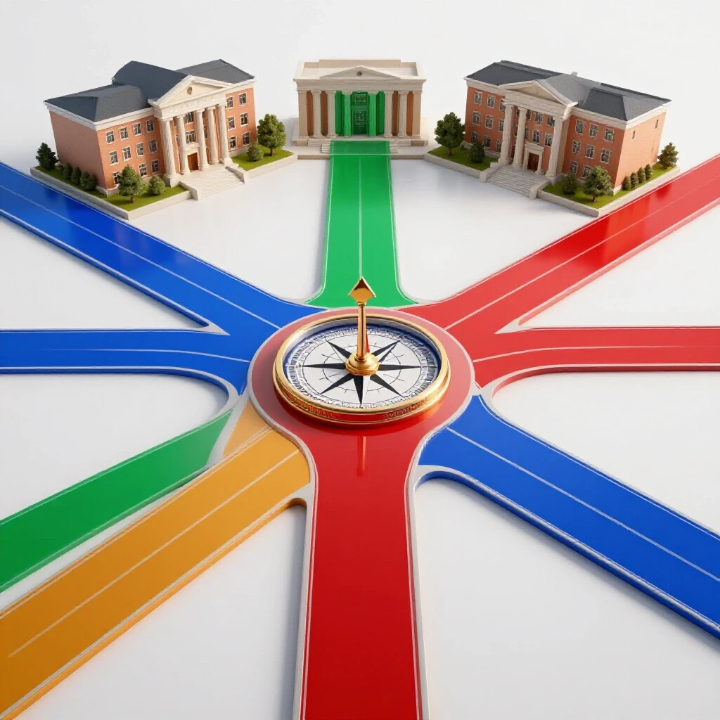 Vivid crossroads with colored paths branching to academic buildings and a centerpiece compass symbolizing enrollment decisions.