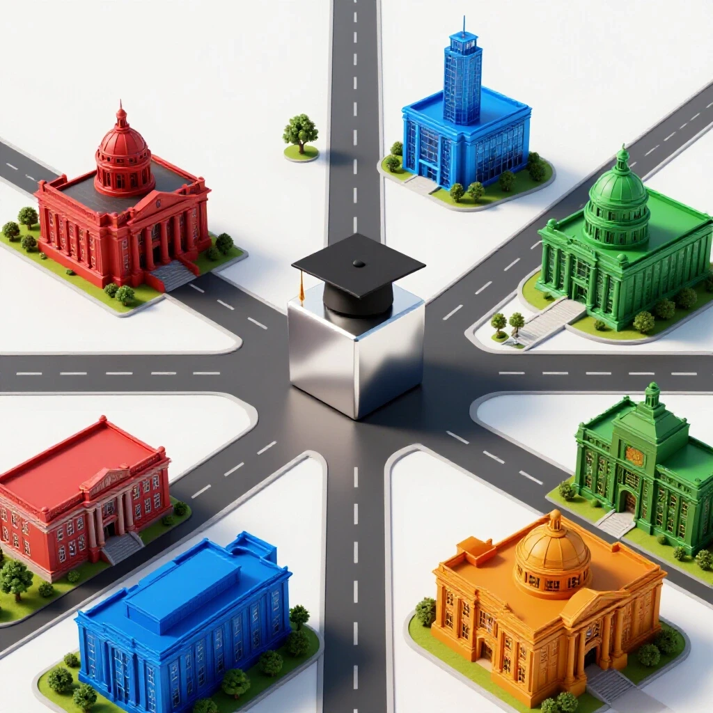 Crossroads with vividly colored campus paths leading to unique academic buildings on a bright white background