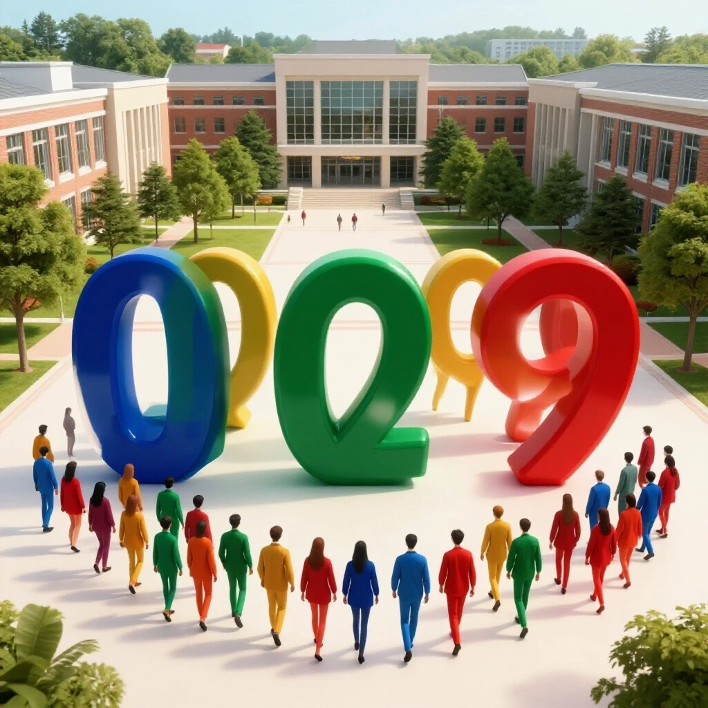 A bright college campus scene where colorful student silhouettes morph into bold numbers amid academic buildings.
