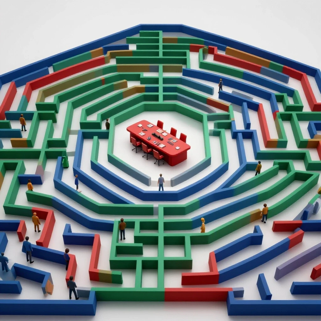 Intricate maze with abstract figures navigating paths toward a central meeting table, symbolizing college governance.