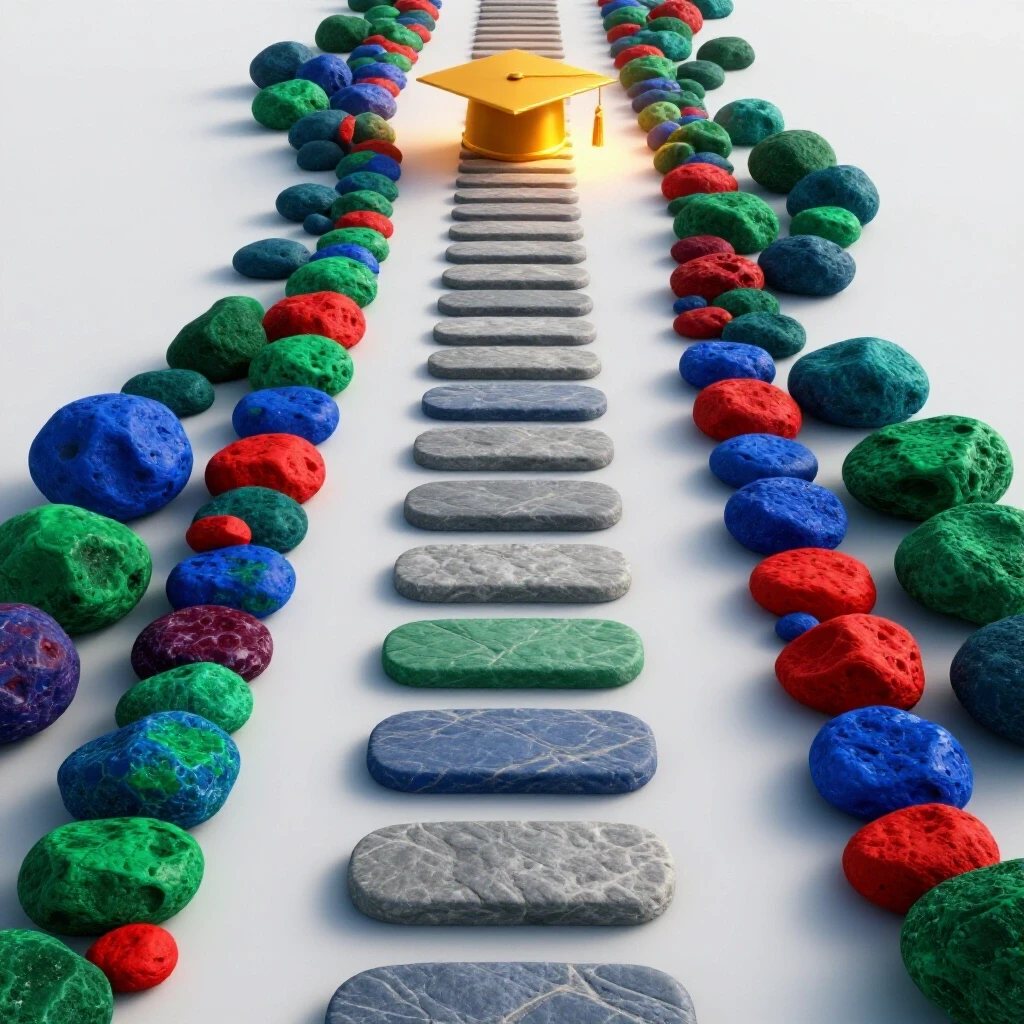 Winding stepping stone path with vibrant stones leading to a glowing graduation cap on a bright background