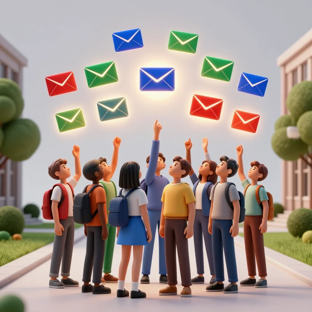 Diverse stylized students reach toward glowing envelopes above a bright campus pathway, representing college grant opportunities.