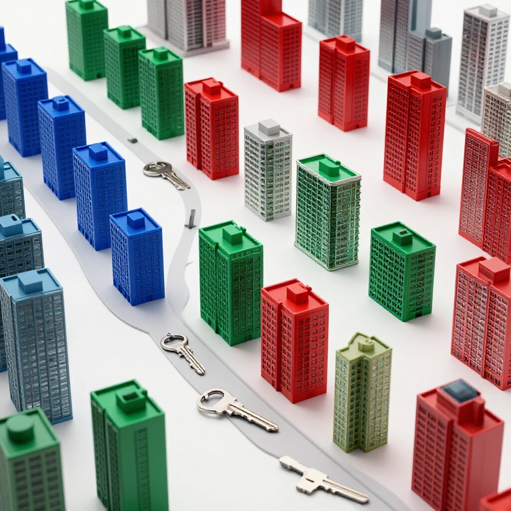 A vivid path of colorful dorm buildings and metallic apartment keys stretches across a bright white background.
