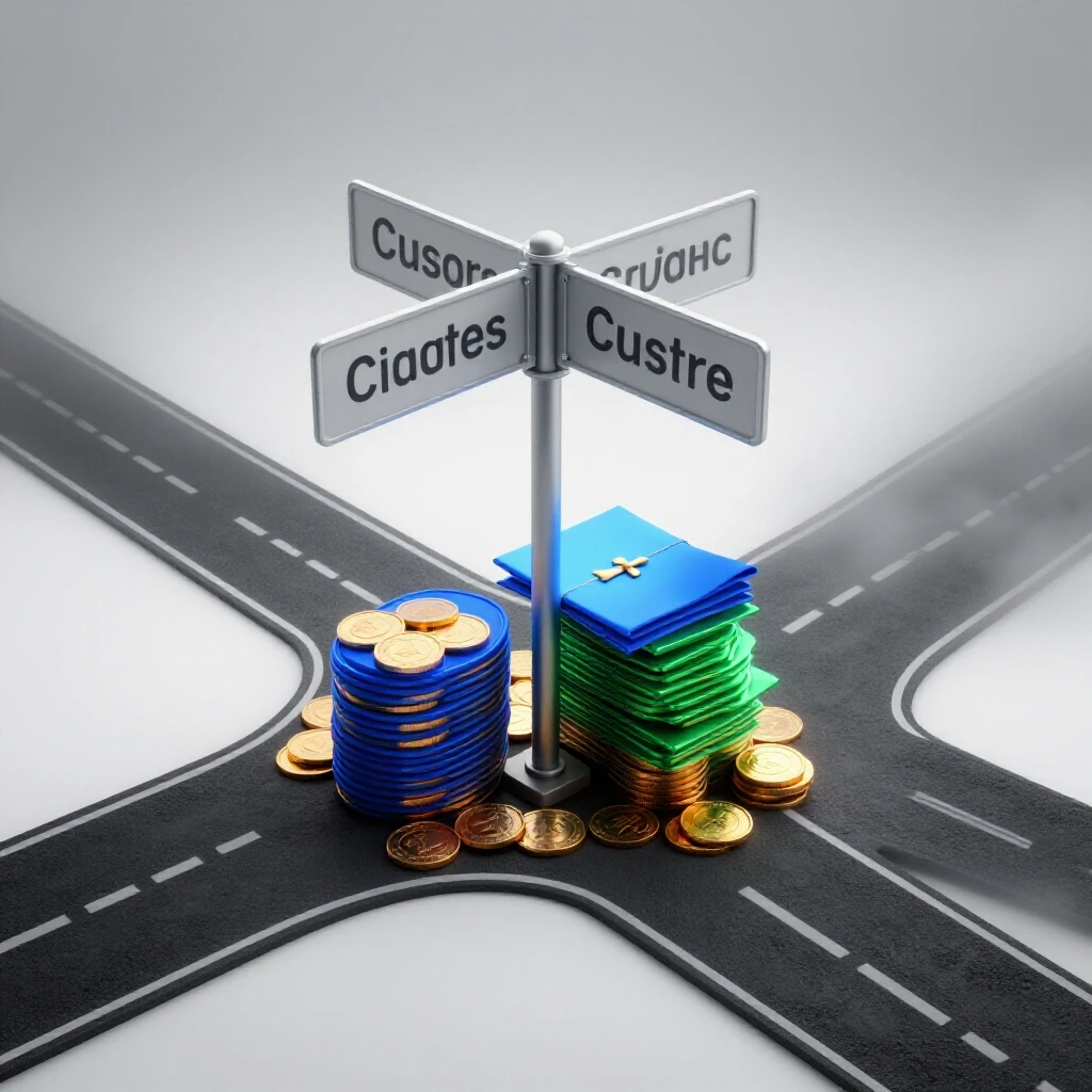 A crossroads signpost in a bright studio with glowing diplomas and coins on one path, fading uncertainty on the other.