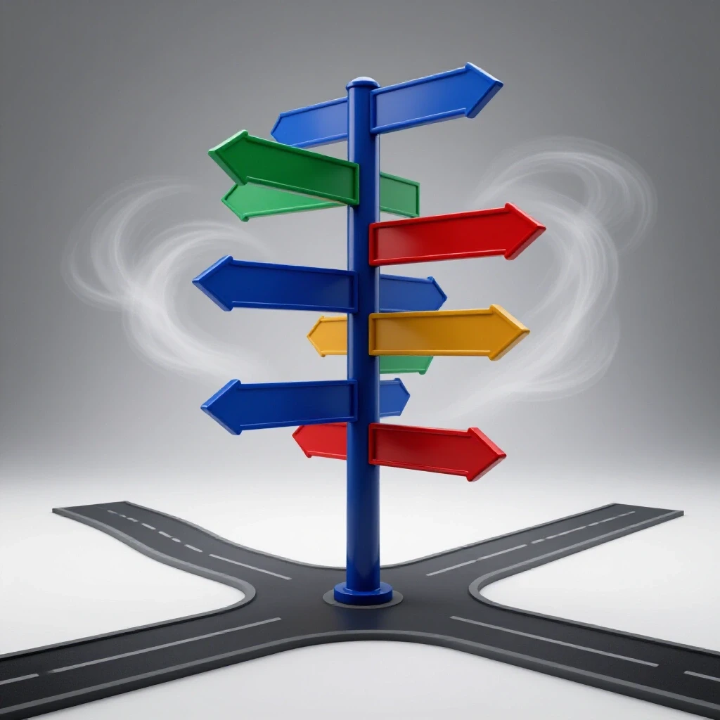 A glossy, colorful signpost with diverging arrows stands at a crossroads leading into misty uncertainty.