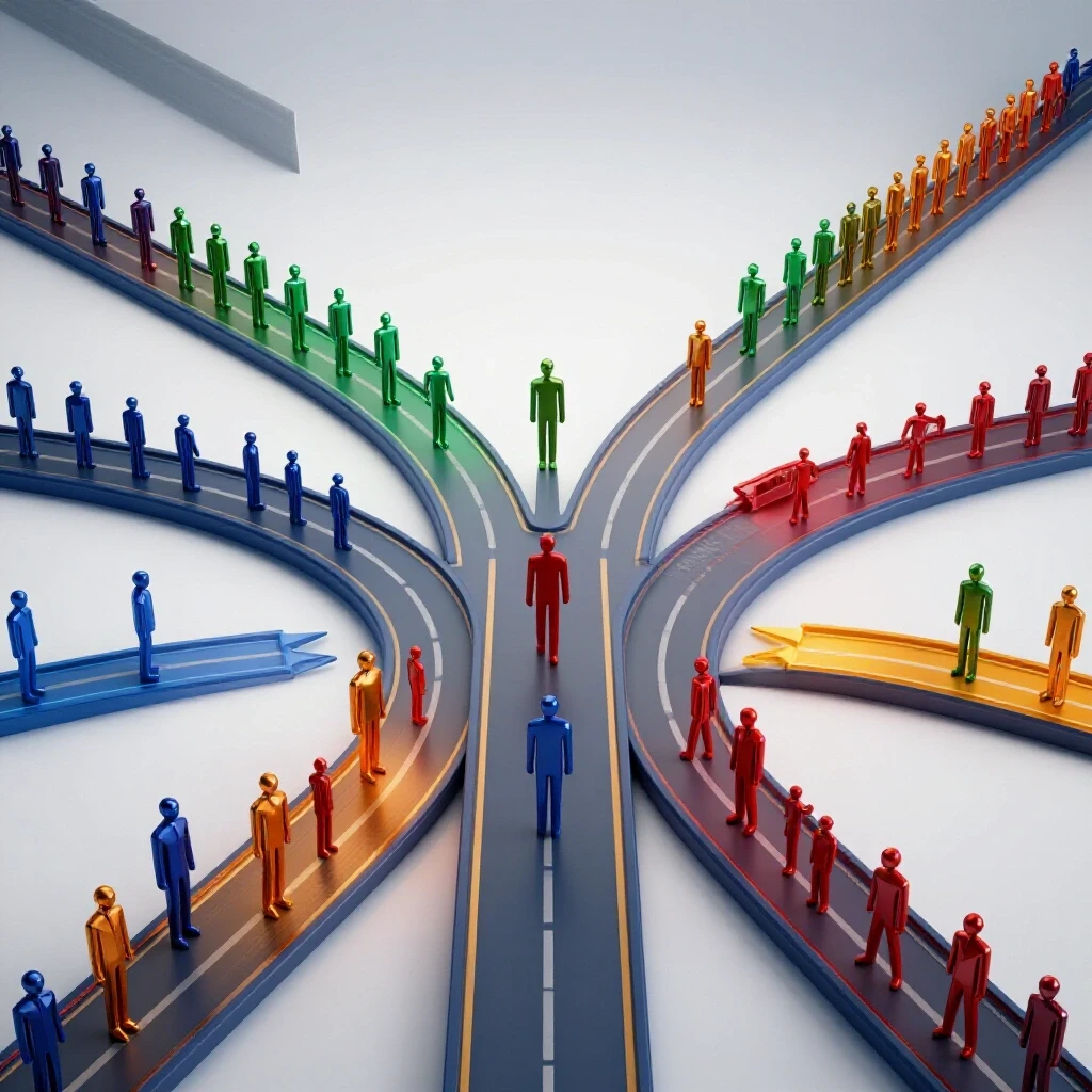 Diverging colorful paths with varying numbers of stylized figures reaching bright finish lines, illustrating different rates of college major completion.