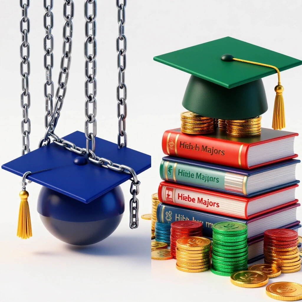 Split scene showing a graduation cap weighed down by heavy chains on one side and uplifted by stacks of coins and books on the other.